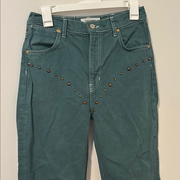 Reformation Cowboy Studded High Rise Straight Jeans Green Size 28 Inseam 28 - Picture 1 of 6